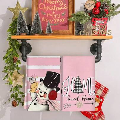 2pcs Thick Pink Christmas Kitchen Towels Set Of 2, Home Sweet Home & Snowman Design, Soft & Absorbent For Bath/Kitchen/Bar, Ideal, 23x15 Inch