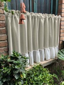 1 pieza Cortina corta de estilo rústico con patrón de enrejado de lino con volantes de encaje blanco, decoración elegante de cortina de café para ventana de cocina o baño con bolsillo superior para barra
