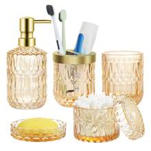 Gold Bathroom Accessories Set, 5 Pcs Glass Bathroom Accessories With Lotion Soap Dispenser, Soap Dish, Toothbrush Holder, Tumbler, Cotton Swab Jars, Perfect For Bathroom Theme Gift Bathroom Organizer Storage Back To School - 金色 - 查看 10