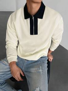 Men's Casual Color Block Long Sleeve Commuter Zip Design Polo Shirt, Fall - White - View 3