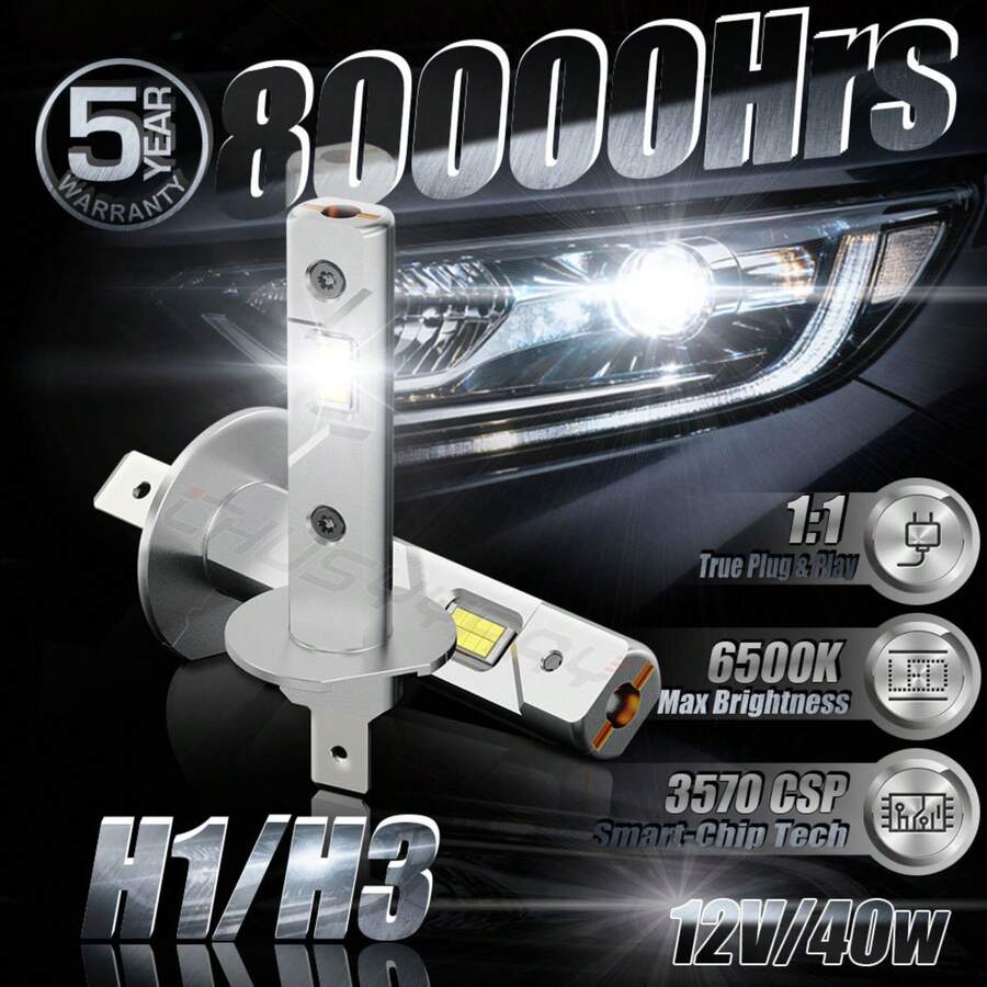 CHUSYYRAY 2pcs LED Car Headlight Bulbs H1 H3 , 28,000 Lumens Super Bright 6000K White, High Beam And Low Beam And Fog Light Replacement, 3570 CSP Chips, 1:1 Size, No Adapter Needed, Plug And Play, CanBus Ready, 50000Hrs Lifespan, Easy Installation, Fog Lamp Bulb