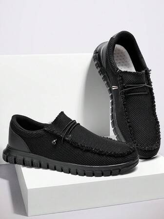 男士轻便休闲乐福鞋防滑舒适步行鞋户外健身运动鞋平底鞋旅游鞋黑色