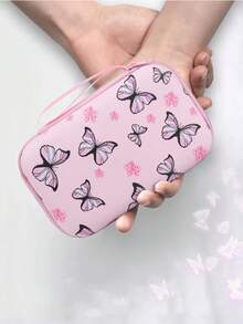 Handpainted Heart Data Cable Organizer Pouch, Colorful Butterfly Pattern Earphone Storage Box, Floral Charging Cable Zipper Bag, Creative Painted Electronics Organizer Electronic Organizer Storage Bag Waterproof Portable For Travel For Tech For Women For Men