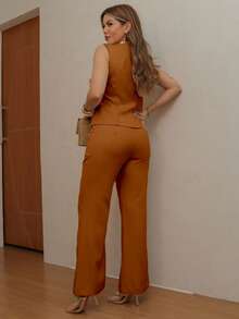 EMILI Women's Tailored Casual Suit Set With Vest And Trousers For Women - Rust Brown - View 3