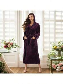 Flannel Plain Weave Hooded Bathrobe, Soft, Comfortable, And Warm Women's Nightgown, Short-Length Terry Cloth Shawl-Collar Bathrobe - Màu tím đậm - Xem 4