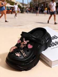 Walk With Your Child 1 Pair Children's Golden Rabbit Pattern Breathable Anti-Slip Sandals, Diamond-Encrusted Heart Accessories, Diamond-Encrusted Love Accessories, Open-Toe Slippers For Boys And Girls, Summer Beach Slides For Toddlers To Older Kids, Golden Rabbit Pattern And Cut Children's Sandals, Anti-Slip And Closed-Toe Children's Clogs, Summer Beach Sandals For Boys And Girls