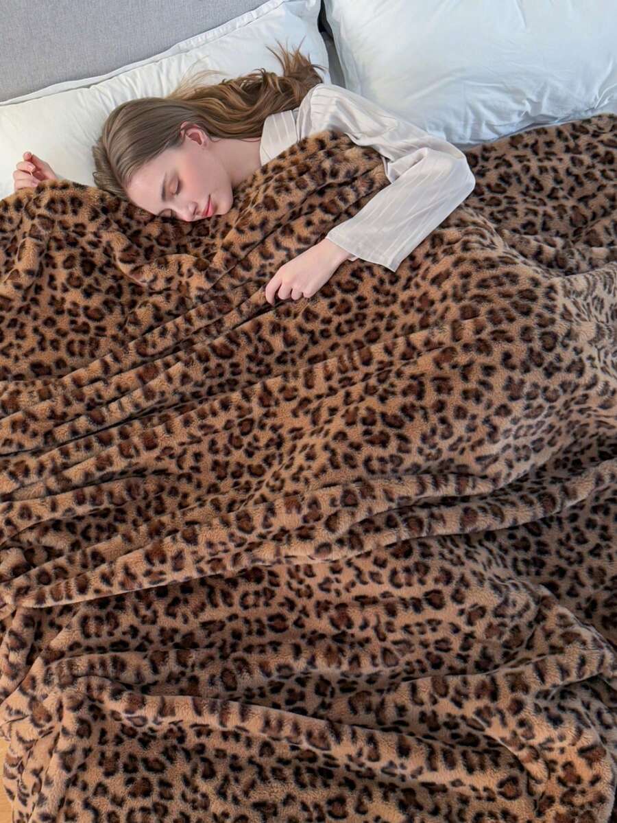 1 Peça Cobertor Felpudo Estampado de Onça de Dupla Camada - Macio, Quente, Elegante, Adequado para Todas as Estações | Ótimo para Sofá, Decoração Doméstica, Viagem ou Uso no Escritório, Acessório de Decoração Doméstica | Design de Estampa Animal | Manta Jacquard Tricotada