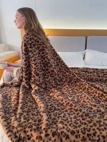 1 Peça Cobertor Felpudo Estampado de Onça de Dupla Camada - Macio, Quente, Elegante, Adequado para Todas as Estações | Ótimo para Sofá, Decoração Doméstica, Viagem ou Uso no Escritório, Acessório de Decoração Doméstica | Design de Estampa Animal | Manta Jacquard Tricotada