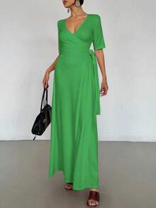 Vstido largo mujer envolvente escote V elegante manga tres cuartos lazo cintura cómodo moderno evento - Verde - Ver 1