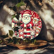 1pc 7.87 Inch Round Aluminum Metal Plaque - Rustic Christmas Santa & Animal Holiday Decorative Sign With Snowflakes, Holly & Reindeer, Matte Finish, Pre-Drilled Holes For Easy Hanging, No Electricity Needed For Indoor/Outdoor Home, Farmhouse, Store, Garden, 2D Flat Home Decor Christmas Decorations Room Decor