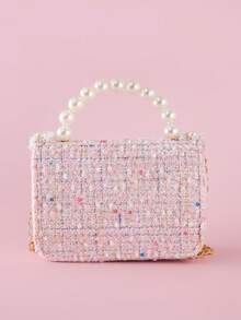 1pc Children's Pearl Flower Letter Alloy Sticker Decor Beaded Lace PU Felt Material Flap Closure Metal Chain Cute Beaded Handbag, Girls Sweet Princess Crossbody Bag, Snack & Coin Purse, Suitable For Christmas And Daily Use