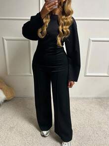 两件套女士黑色圆领长袖上衣搭配收腰中长运动裤，优雅女士休闲套装 - 黑色 - 查看 10