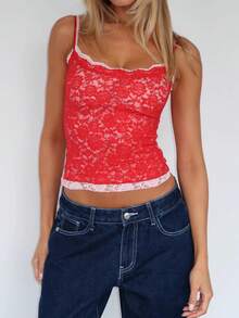 Women Y2k Lace Floral Camisole Patchwork Spaghetti Strap Crop Tank Tops Sleeveless Backless Tank Tops Open Back Going Out Tops Slim Fitted Shirt Basic Tees Club Streetwear Aesthetic Clothes - 紅色 - 查看 1