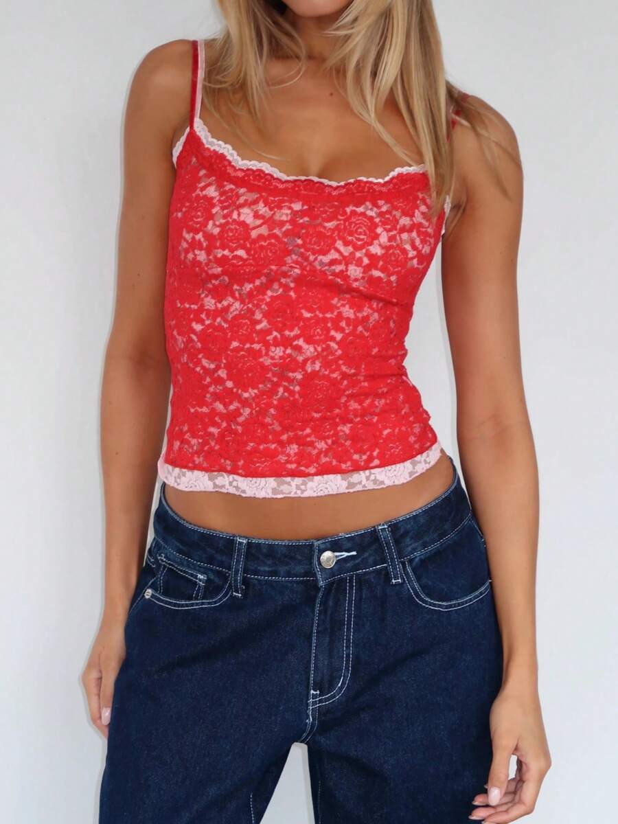 Women Y2k Lace Floral Camisole Patchwork Spaghetti Strap Crop Tank Tops Sleeveless Backless Tank Tops Open Back Going Out Tops Slim Fitted Shirt Basic Tees Club Streetwear Aesthetic Clothes - 紅色 - 查看 1