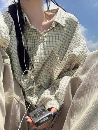 复古小众风格褶皱格子长袖 Polo 衫女款休闲外套