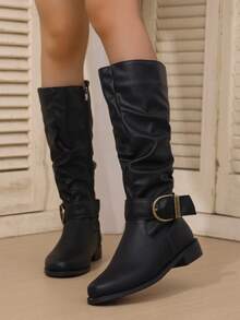 Giày bốt nữ màu đen thu/đông, xếp ly, có khóa, mũi tròn, gót thấp, bốt thời trang, bốt cao cổ có khóa kéo bên hông thường ngày cho mùa đông, bốt cao đến đầu gối - màu đen - Xem 9