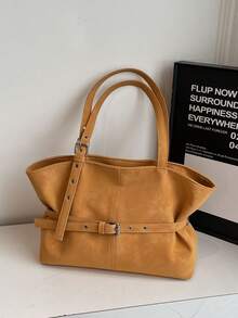 Women's Large Capacity One Shoulder Tote Bag, Strap Decor Retro Bucket Bag, Popular Vintage Solid Color Suede Matte, Suitable For Travel, Shopping, Commuting, Versatile