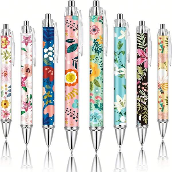 Conjunto de 8 canetas esferográficas com design de flores fofas e tinta preta de 1,0 mm, escrita suave para diário, material de escritório