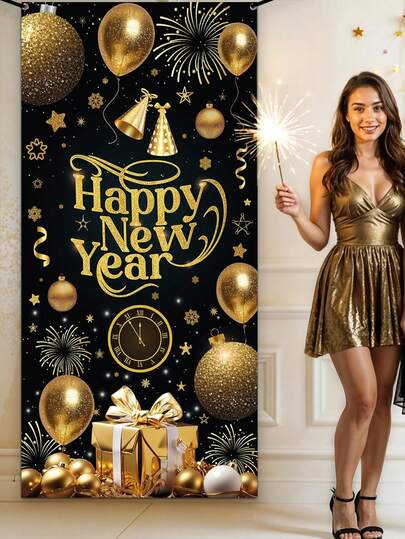 1pc New Year Party Door Hanging Banner, Black & Gold Balloon Clock Gift Pattern Design Curtain, Porch Welcome Sign, Indoor Outdoor Home Decor, Suitable For New Year Party Decoration, New Year Gift