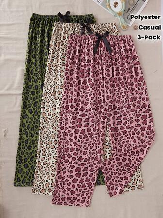 Women's Plus Three Pieces Leopard Print Casual Style Bow Decorated Four Seasons Casual Pajama Pants, Winter Clothes