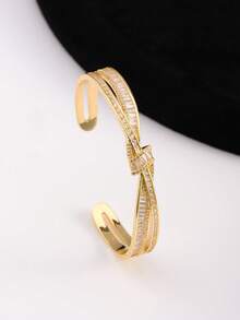 1 pieza Diseño de corbata de moño asimétrico con circonita cúbica brillante de lujo estilo europeo y americano, sensación de alta gama, adecuado para novia, banquete y uso diario para mujeres