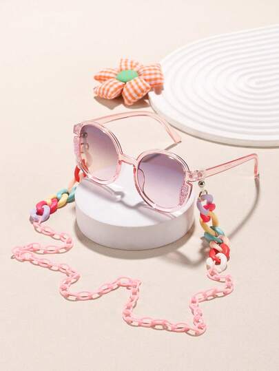 1 Set que incluye 1 Pieza de Gafas de Moda con Marco Redondo Acrílico Brillante y Lindo para Niños y Niñas de 9-14 Años, y 1 Cadena de Gafas con Broche de Estilo Bohemio Colorido para Accesorios de Viaje y Uso Diario