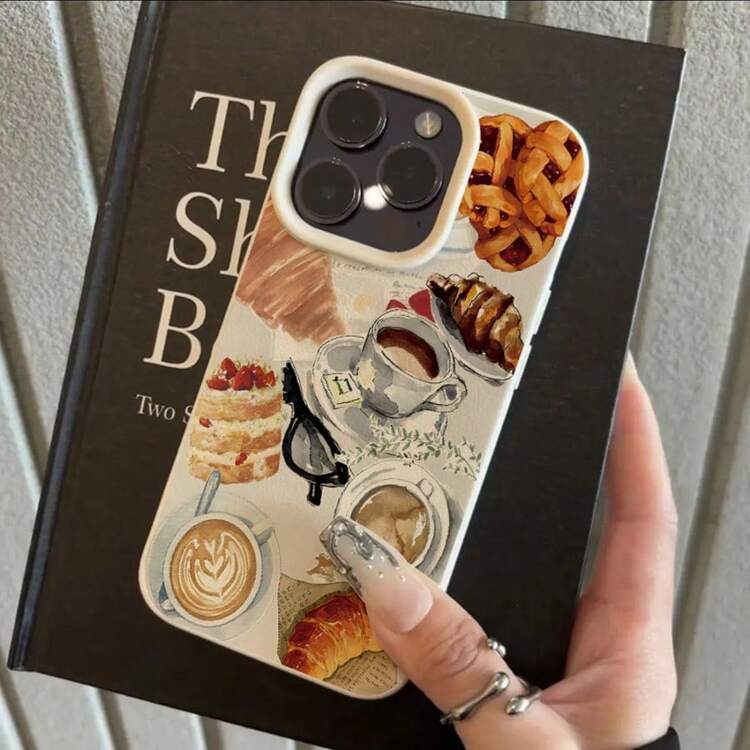 1pc TPU Material Coffee Bread Dessert Afternoon Tea Pattern Fashionable Versatile Personalized Phone Case, Suitable As Gift For Girlfriend, Best Friend, Wife, Couples, Aunt, Boss, Sister, Couple, Classmate, Teacher, Birthday, Holiday, Compatible With IPhone 13/17/16/15/14/13/12/11/Pro/ProMax/PLUS, International Version,  Not The Domestic Version - White - View 2