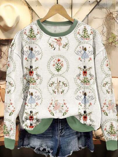 2025 Fall/Winter Women's Clothing: Fashionable And Casual Commuter Travel Wear. Light-Colored Christmas Nutcracker Drop-Shoulder Long-Sleeved Sweatshirt, Fitted Plush Fleece Sweatshirt. Fall Women's Clothes, Country Concert Outfit, Brunch Outfit.