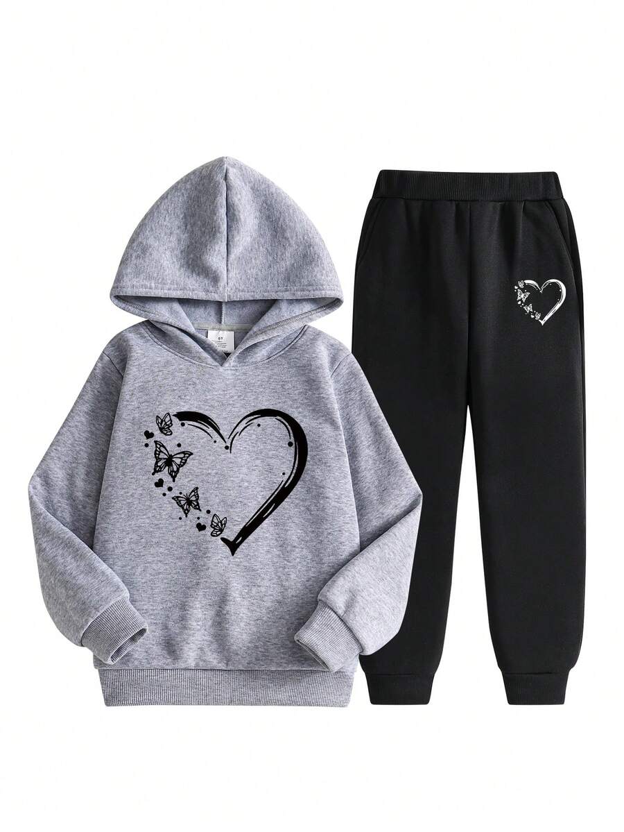 2pcs/Set Girls Heart & Butterfly Print Hoodie Sweatshirt And Sweatpants Set - Multicolor - View 1