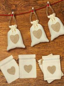 12pcs Heart Printed Drawstring Linen Gift Bags, Mini Jewelry Pouches, Suitable For Wedding, Bridesmaid Gifts, Party, Birthday, Halloween, Thanksgiving, Christmas, Valentine's Day, Mother's Day, Gender Reveal - Beige - View 3