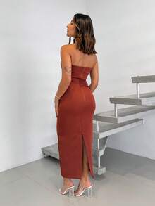 Tailored Midi Dress With Bust, Boning, Back Slit - Rust Brown - View 2