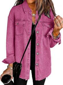 女士冬季街头风超大款毛边牛仔外套，配优雅衬衫领 - 粉色 - 查看 3