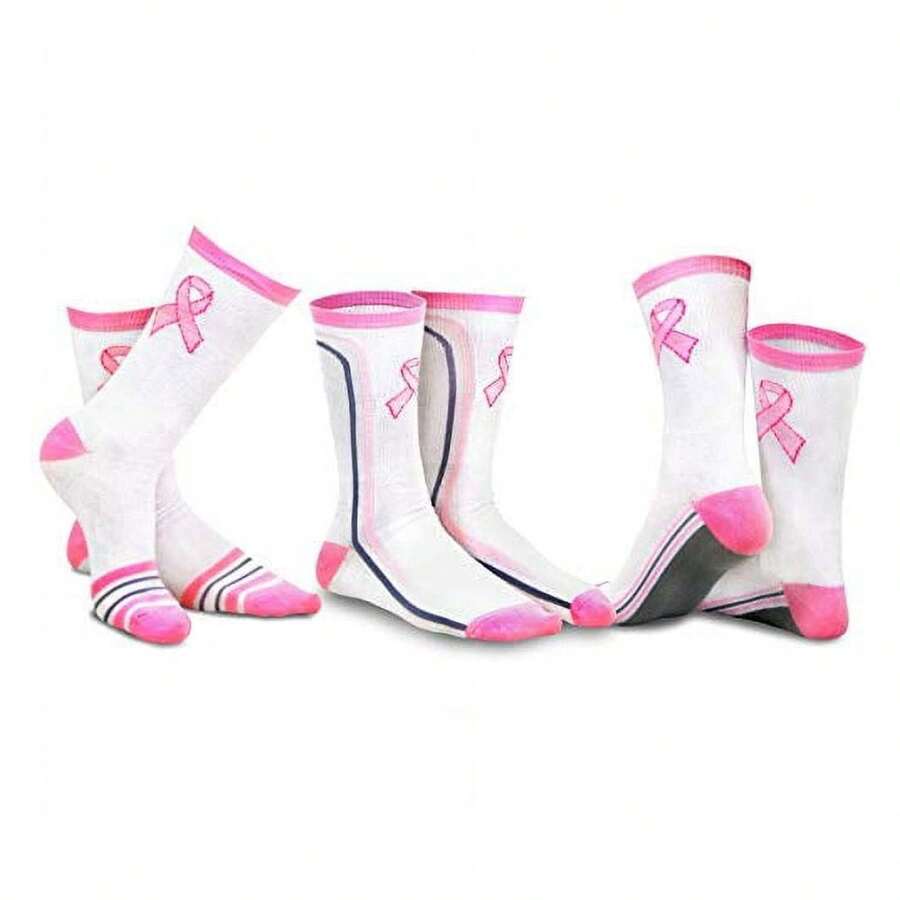 Breast Cancer Awareness Socks Women 3 Pair Pack - Pink Ribbon Crew Socks - Support Cause Comfortable Cotton- Gift For Her - Sizes 6-9 - 如圖686 - 查看 1