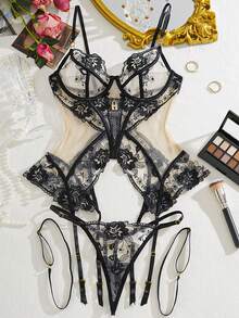 性感内衣套装，网纱薄纱蕾丝诱人文胸和内裤套装 - 黑色 - 查看 4