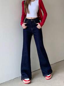 女士海军蓝百搭弹力牛仔裤，直筒裤型，裤脚开衩 - 深藍色 - 查看 3