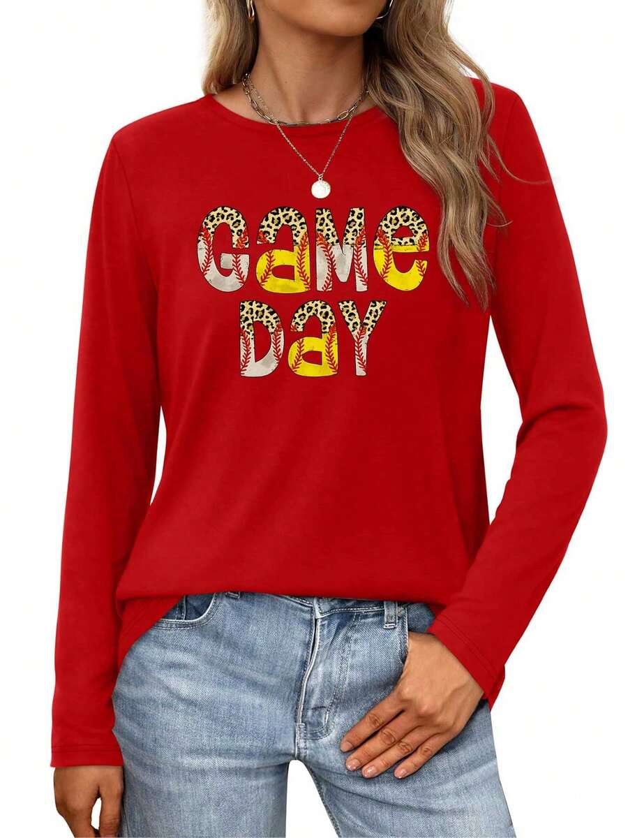 Game Day  Baseball And Softball Typography Design Womens Long-Sleeve Crewneck T-Shirt - Đỏ - Xem 1