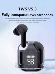 全新透明触摸屏低延迟 TWS 无线耳塞，Type-C 充电，蓝牙 5.3 半入耳式无线运动耳机，超长电池寿命 - 黑色 - 查看 5