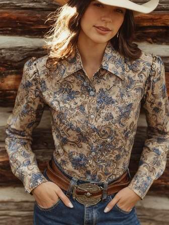 大码女式西部复古波西米亚风印花长袖休闲时尚衬衫，适合休闲、度假、假日穿着，是女士休闲时尚的波西米亚优雅上衣之选。
