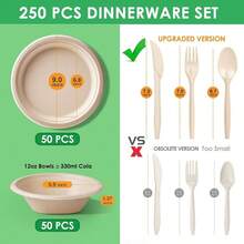250PCS Disposable Paper Plates And Bowls Set With Long Utensils, Compostable Plates - Friendly Dinnerware Set Includes Plate, Bowls, Forks, Knives Spoons Party Camping - Màu be - Xem 2