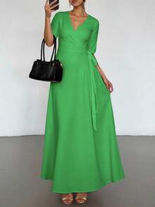 Vstido largo mujer envolvente escote V elegante manga tres cuartos lazo cintura cómodo moderno evento - Verde - Ver 3