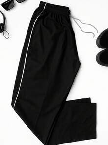 Essential Streetwear Pants, Straight Fit, Wide Leg, Lightweight Microfiber, With Adjustable Waist And Pockets - 黑色 - 查看 5