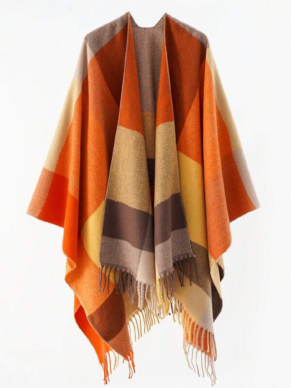 1pc Women's Simple Striped Color Block Plaid Patchwork Poncho Shawl Jacket, Casual Outdoor Travel Warm Fringe Scarf Wrap, Suitable For Autumn/Winter Daily Wear