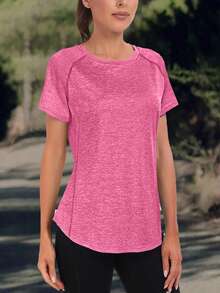 Camiseta casual de mujer de unicolor - Cuello redondo, ligera, de manga corta, mezcla elástica de poliéster, adecuada para primavera y verano, ajuste relajado básico, camiseta sin mangas holgada para mujer, tops deportivos - Rosa Fucsia - Ver 5