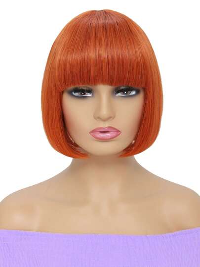 Straight Short Bob Wigs Virgin Human Hair Wigs Machine Made Virgin Hair Wig With Neat Bangs Orange Color