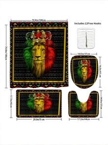 4 pièces Ensemble de salle de bain avec imprimé géométrique couronne et lion, rideau de douche imperméable avec crochets, tapis en U, housse de siège de toilette, tapis en L, accessoires de salle de bain, décoration de salle de bain, décoration de Noël