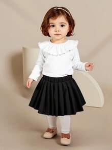 SHEIN Elladie kids Baby Girl (0-3 Years) Versatile Minimalist Elegant White Solid Knitted Long Sleeve Round Neck Ruffle Trim Pullover T-Shirt, Suitable For Layering Or Outerwear, All Season - White - View 4