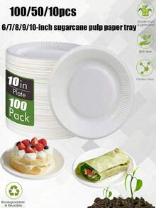 100/50/10pcs一次性纸盘，餐盘，甜点盘，100%可堆肥纸盘，6英寸/7英寸/8英寸/9英寸/10英寸纸盘，由甘蔗纤维无涂层纸板制成，非常适合三明治、蛋糕和小吃，适用于野餐、户外活动、派对聚会、日常使用、厨房、餐厅装饰、生日派对、宠物餐盘、一次性餐盘 - 彩色 - 查看 1