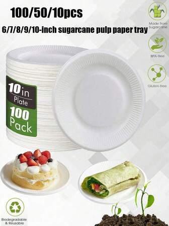 100/50/10pcs一次性纸盘，餐盘，甜点盘，100%可堆肥纸盘，6英寸/7英寸/8英寸/9英寸/10英寸纸盘，由甘蔗纤维无涂层纸板制成，非常适合三明治、蛋糕和小吃，适用于野餐、户外活动、派对聚会、日常使用、厨房、餐厅装饰、生日派对、宠物餐盘、一次性餐盘