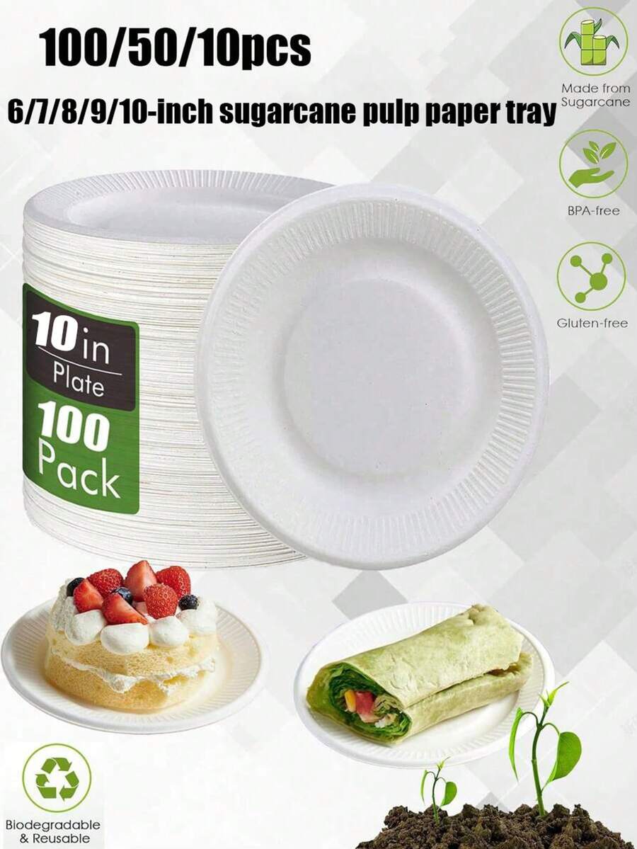 100/50/10pcs一次性纸盘，餐盘，甜点盘，100%可堆肥纸盘，6英寸/7英寸/8英寸/9英寸/10英寸纸盘，由甘蔗纤维无涂层纸板制成，非常适合三明治、蛋糕和小吃，适用于野餐、户外活动、派对聚会、日常使用、厨房、餐厅装饰、生日派对、宠物餐盘、一次性餐盘 - 彩色 - 查看 1