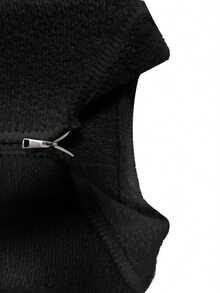 Women's Solid Color Knit Cardigan With Zipper Pockets, Casual Everyday Wear Black - Black - View 6